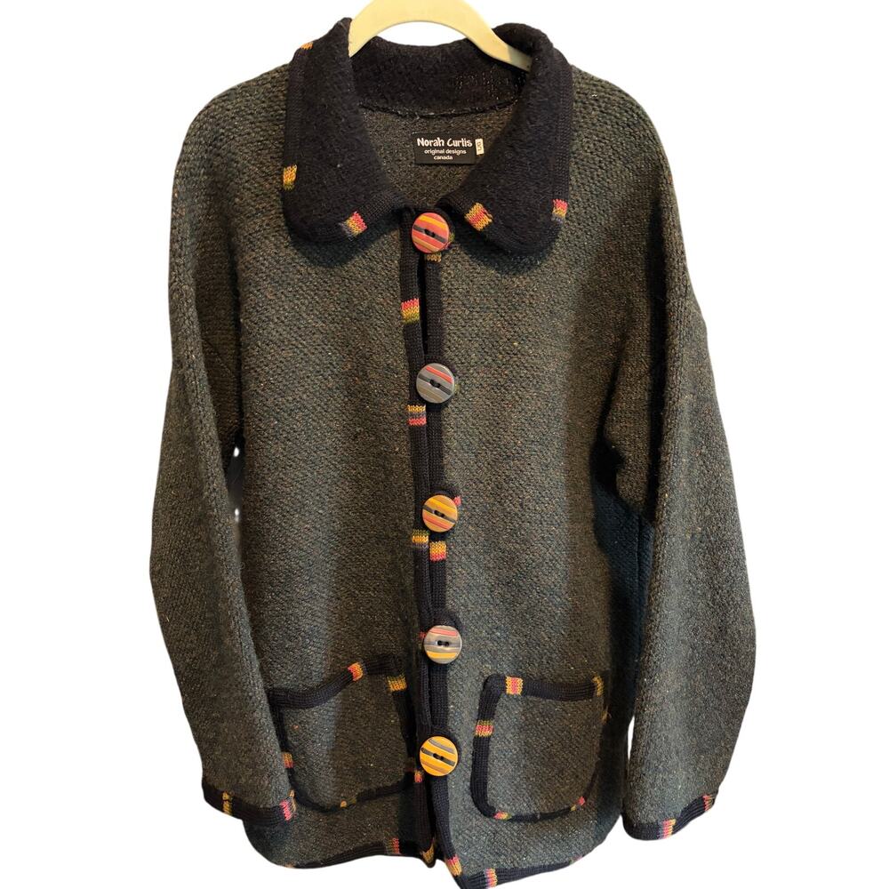 VNTG Norah Curtis Canada Wool Silk Cardigan Art to Wear Novelty Buttons, LARGE